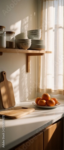 Sunny Modern Kitchen Counter with Fresh Oranges, Wooden Cutting Boards, and Shelves