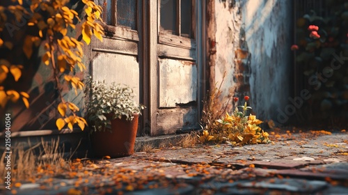 Rustic Outdoor Door with Potted Plants and Autumn Leaves