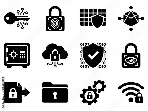 Collection of 12 cybersecurity icons featuring a key, lock, firewall, and cloud.