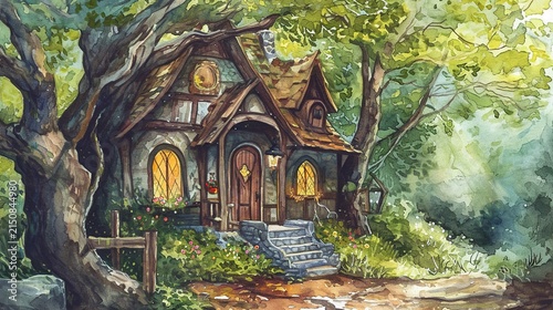 Whimsical forest cottage nestled among ancient trees and dappled sunlight