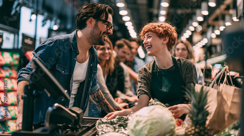 
A lively supermarket checkout scene