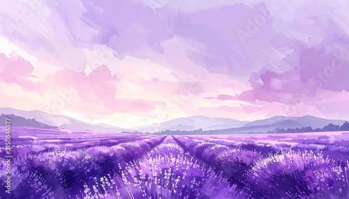 Lavender Field Under Purple Sky Watercolor Illustration