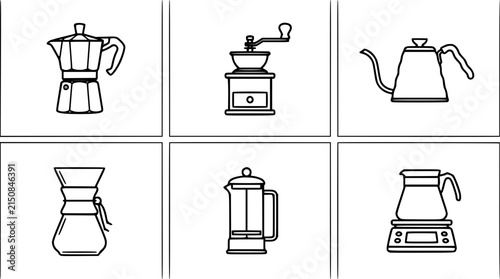Canvas Print Manual coffee brewing equipment line icon set featuring traditional Italian moka