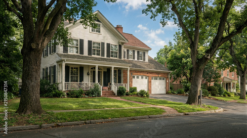 Colonial home featuring white siding, black shutters, front porch, and attached two-car garage on a wide avenue lined by mature oak trees