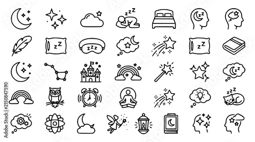 Healthy sleep and sweet dreams line icon set featuring bedtime relaxation symbols, starry night moons, psychological dream analysis, and insomnia therapy graphic vectors