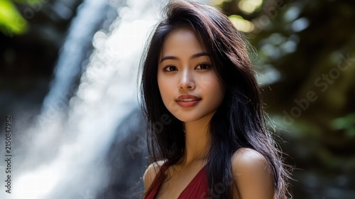 Woman with long hair near a waterfall.