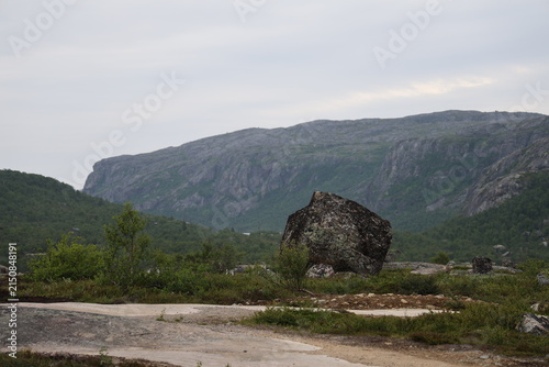 Mountain landscape along the Grense Jakobselv river in northern Norway near the Russian border.