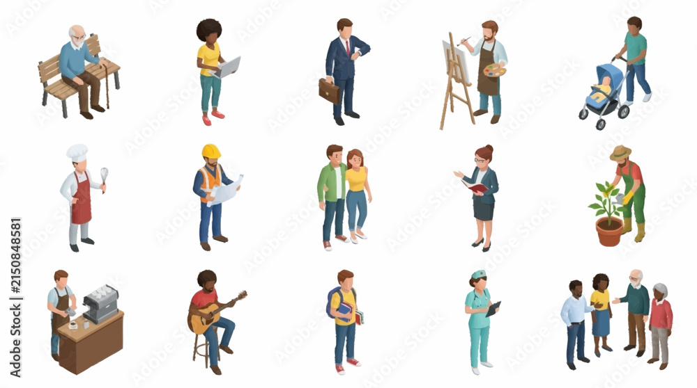 Fototapeta premium Diverse group of people in various everyday activities and professions.