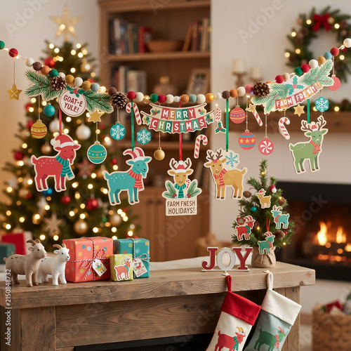 Festive Christmas decorations with cheerful ornaments, a cozy background, and holiday spirit.