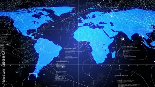 Animated Digital World Map Showing Global Network Connections and Data Transfer Across Continents. Abstract Blue Globe Network Lines for Futuristic Business, Cyber Security, and Communication Concept.