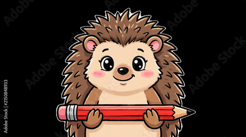 Cute hedgehog character holding a pencil on a black background