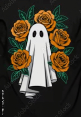 Ghost character surrounded by orange roses on a dark background