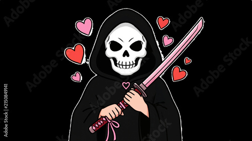Cartoon skeleton in a black cloak with a pink sword and hearts around