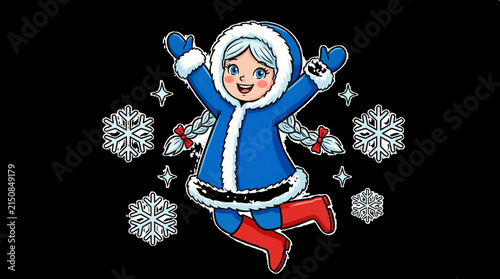 Happy cartoon character in a blue coat jumping with snowflakes on a black background