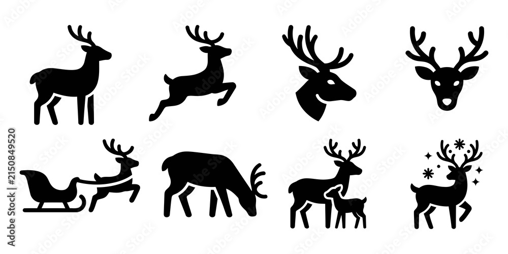 Obraz premium A collection of eight black reindeer silhouettes depicted in diverse poses and arrangements suitable for festive seasonal graphic designs