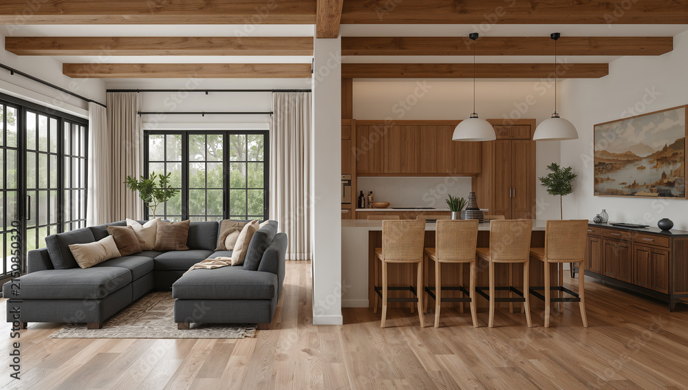 Fototapeta premium Modern rustic living room and kitchen open concept with natural wood accents