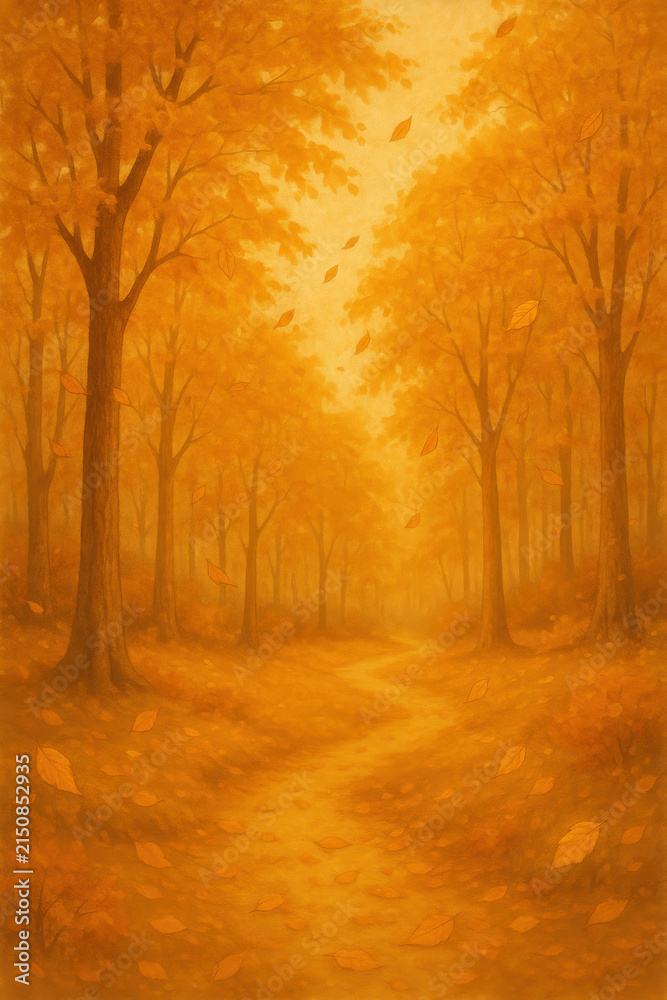 Fototapeta premium Warm autumn forest with golden leaves falling along winding path, creating serene and tranquil seasonal landscape