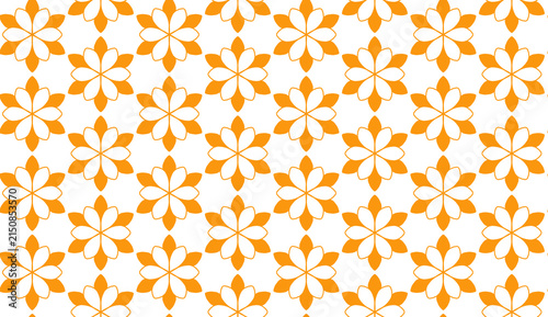 Seamless floral pattern featuring orange and white stylized flowers with symmetrical design and vibrant color scheme for textile, wallpaper, or decoration use