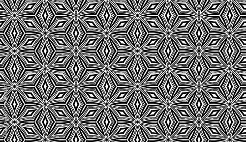 Seamless black and white geometric pattern with intricate star and diamond shapes, suitable for textiles, wallpapers, and modern design backgrounds