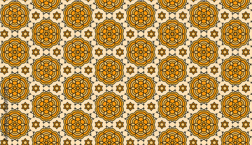 Detailed floral pattern with orange and brown flowers and star-shaped accents on a neutral background, suitable for textiles, wallpapers, and decorative designs