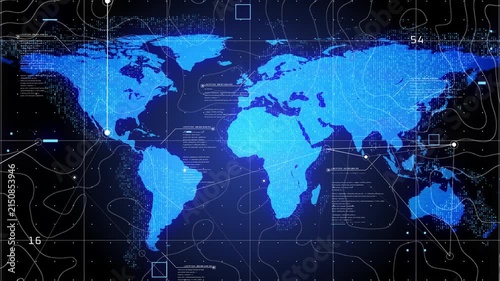 Digital World Map Travel Technology Background. Network Communication Global Connectivity 4K Motion Futuristic Global Business Concept.