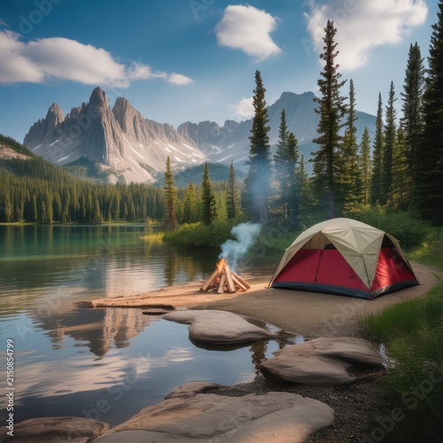 Scenic mountain landscape with a red camping tent and a crackling campfire beside a calm alpine lake, surrounded by pine trees and jagged peaks under a clear blue sky