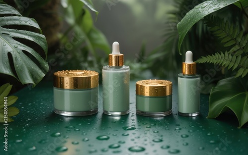 Set of luxury skincare cosmetic bottles and jars with gold caps containing green serum placed on a wet dark green surface surrounded by large tropical monstera leaves