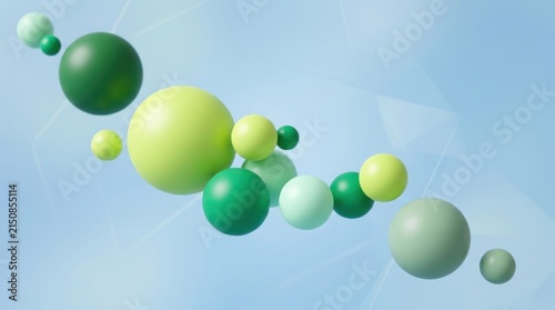 A series of green and yellow spheres floating against a blue background, with a gradient effect.