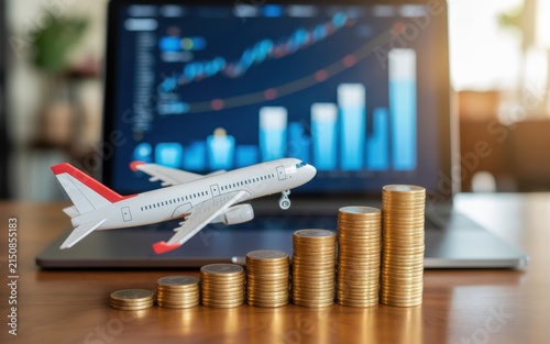 Small model airplane flying over a growing stack of golden coins placed on a wooden desk in front of a laptop screen displaying complex financial stock market growth charts