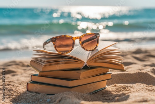 Stack of vintage books with brown sunglasses resting on placed on sandy beach, sparkling blue ocean waves in background, summer vacation reading concept, sunny