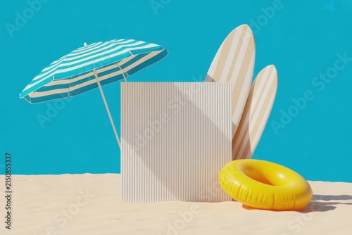 Summer beach scene with a blank textured square display board, blue striped umbrella, yellow inflatable ring, and surfboards on sandy ground against a bright blue sky