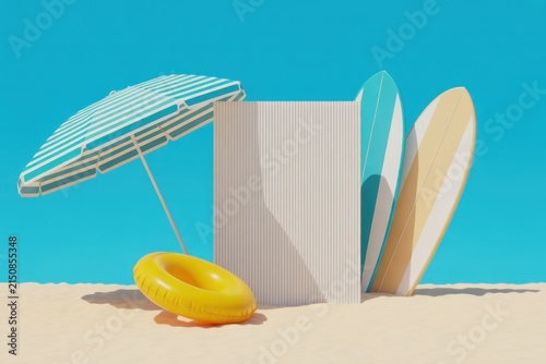 Summer beach scene with a striped umbrella, yellow inflatable ring, and two surfboards standing in the sand against a clear bright blue sky for product display