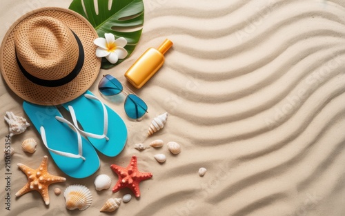 Summer beach vacation accessories including straw hat sunglasses flip flops starfish and seashells on sandy background, for holiday travel, and tropical relaxation