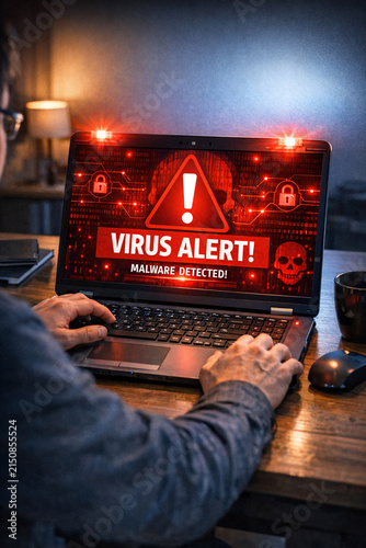 Hands on laptop keyboard, red virus alert on screen.