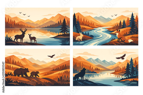A picturesque mountain landscape with a winding river and wildlife.