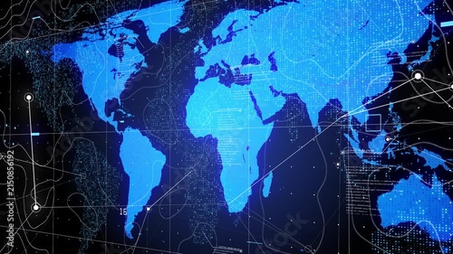 Digital Technology World Map Animation with Glowing Connections and Interconnected Nodes. Expanding Network Lines Across Earth Globe Representing Data Flow, AI, and Global Communication.