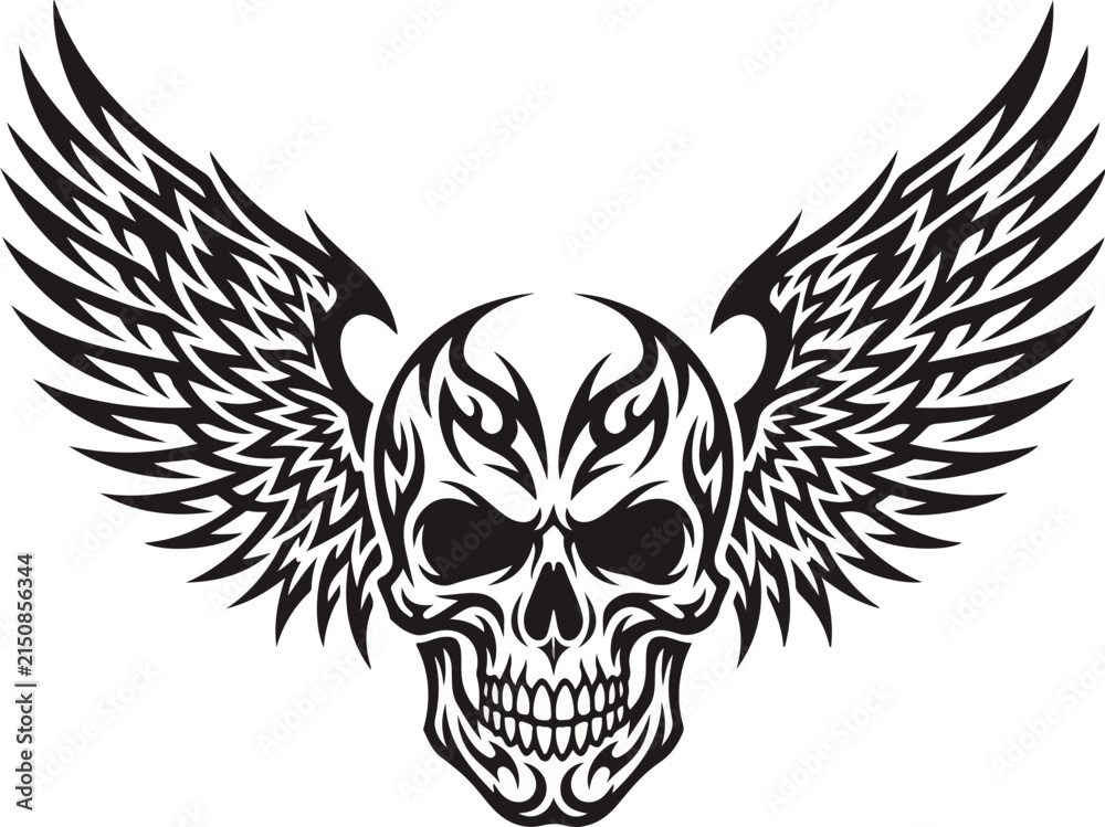 Fototapeta premium Winged human skull with spread feather wings tribal tattoo vector illustration