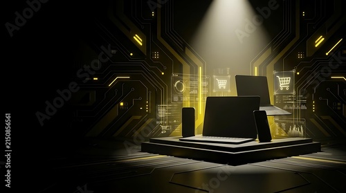 Laptops on a spotlighted technology podium