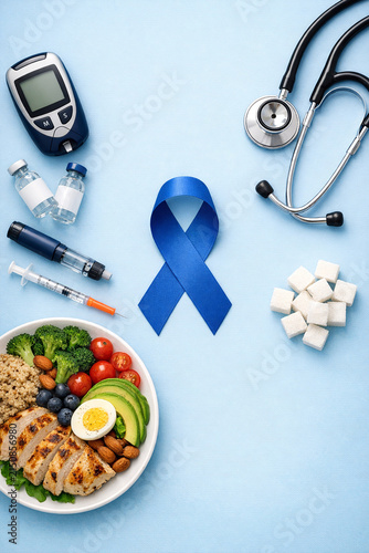 Medical items and a healthy meal.