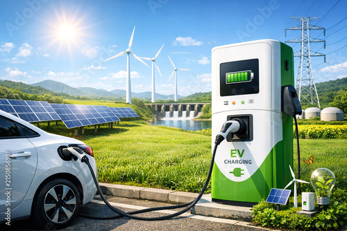 An electric vehicle charging at a solar and wind-powered station, highlighting the integration of clean energy into daily transportation.