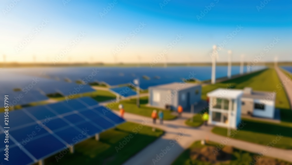 Fototapeta premium blurred wide-angle cinematic view of a large-scale renewable energy facility integrating solar panels and wind turbines during sunset.