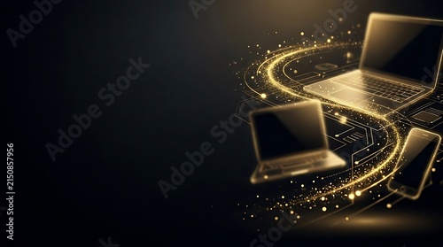 Laptops surrounded by golden swirling data particles.