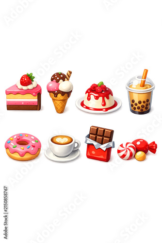 Variety of sweet treats including ice cream, cake, pastries and sweets