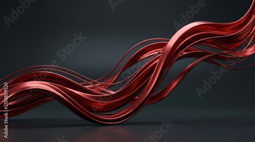 Red and black abstract wave-like lines on a dark background, with a glossy finish and a reflective surface.