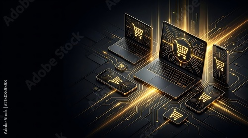 Laptop with shopping cart icon on glowing circuit.