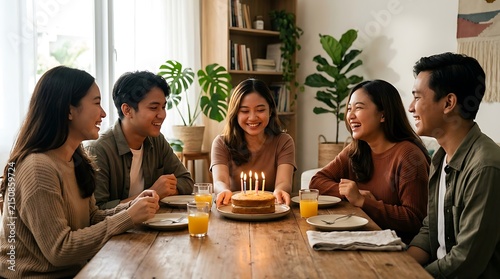 Happy young asian friends celebrating a birthday with cake at home