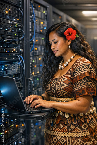A woman working on a laptop at a data center, surrounded by racks of servers. She is concentrated and focused on her task, likely related to server maintenance or network analysis.