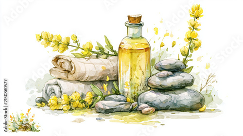 Spa still life watercolor massage oil pebble towel yellow flower relaxation wellness skincare aromatic bottle, gentle watercolor spa arrangement