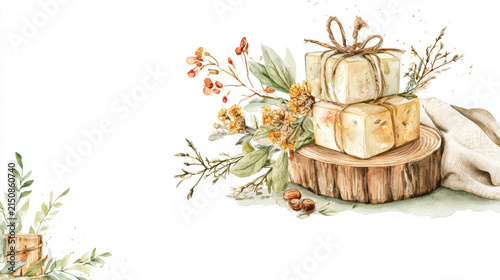 Watercolor gift box, botanical bouquet, rustic wood slice, autumn floral, handmade illustration, holiday present bright cozy scene white background