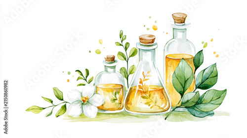 Botanical oil bottle watercolor illustration glass bottle herbal extract green leaf white flower natural cosmetic minimal style watercolor